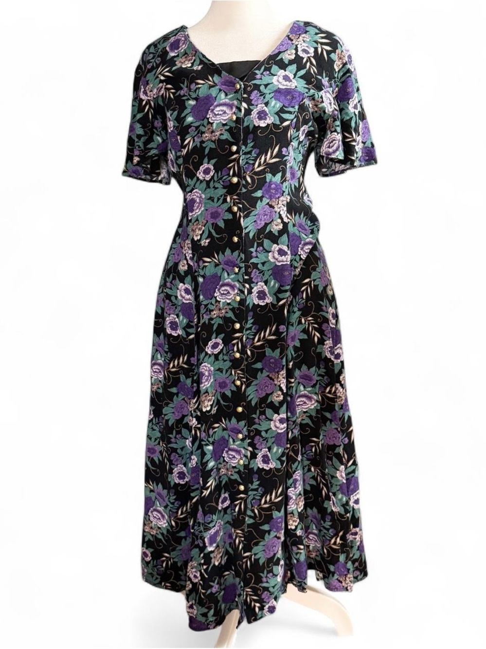 🌸 Vintage 80s Caroline Wells Collection Black Purple Floral Dress Size 10